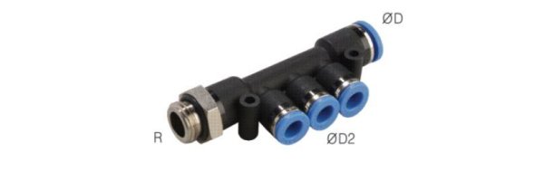 T-Multi-port distributor with cylindrical external thread 3 outflows, standard