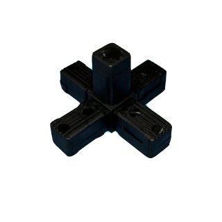 Connector, cross shaped with outlet for aluminium tube 20x20x1,5mm, PA black with steel core