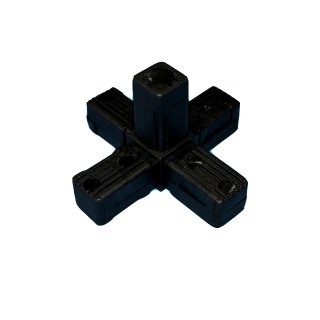 Connector, cross shaped with outlet for aluminium tube 30x30x2,0mm, PA black with steel core